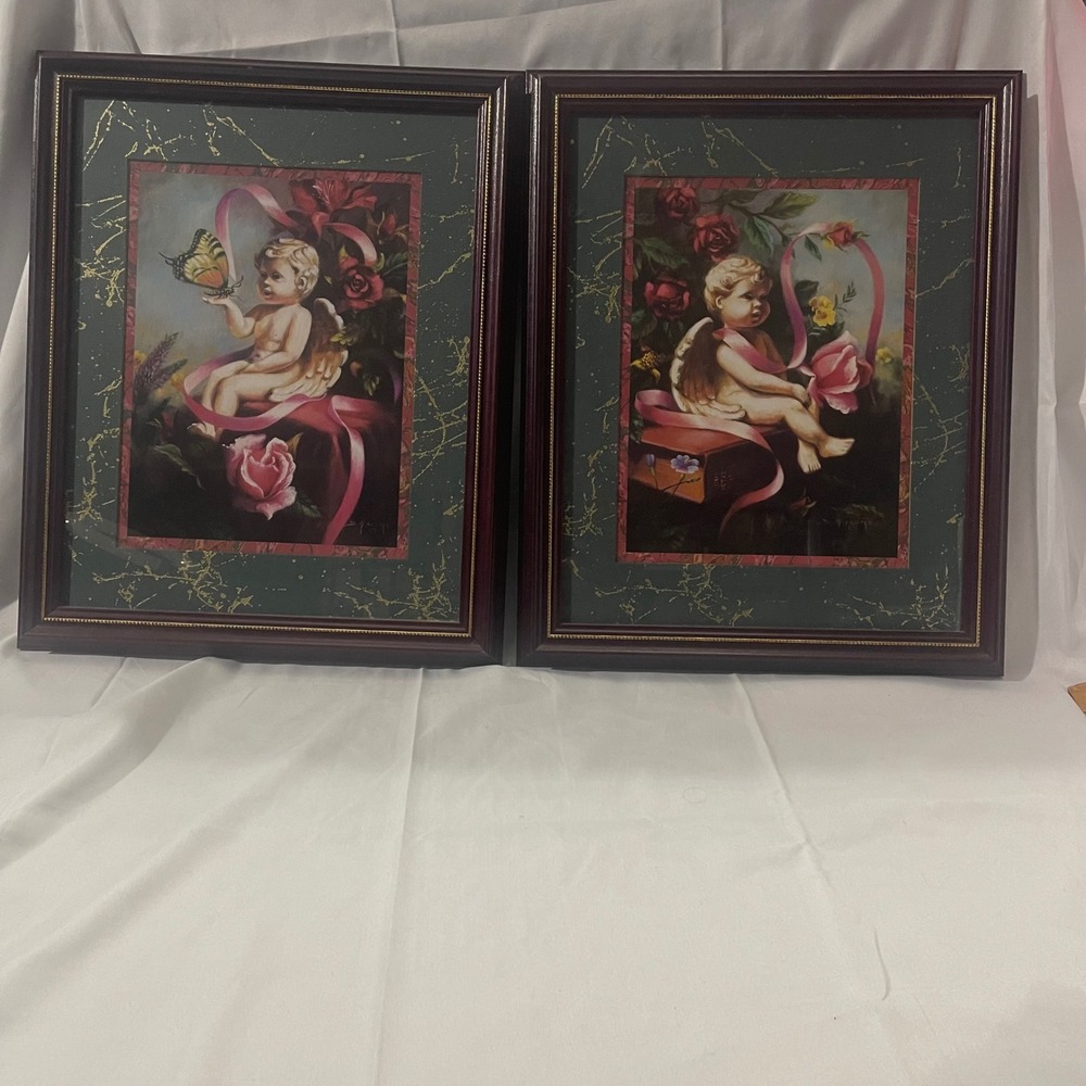 Vintage Cherub Angel Art Prints Set of 2 Framed D Giacomelli Roses Butterfly